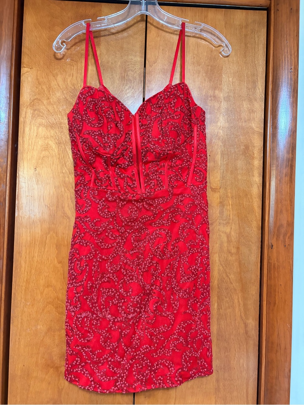 Red Beaded Spaghetti-Strap Mini Dress